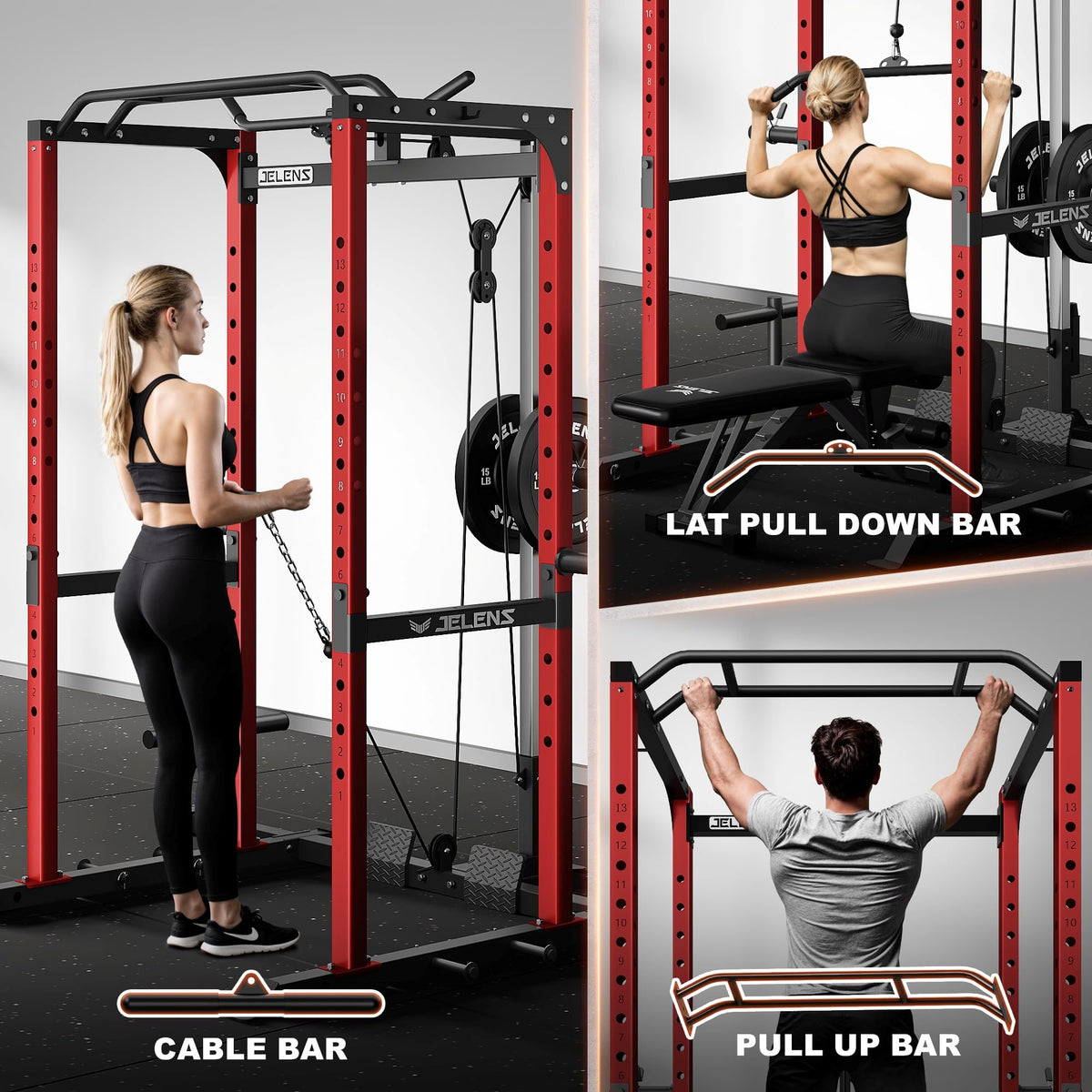 JELENS S21 Power Cage, Multi-Function Power Rack with Adjustable Cable Crossover System, 2000LBS
