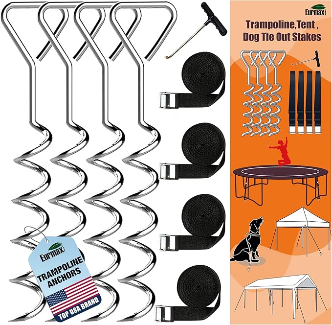 Eurmax USA Trampoline Stakes Heavy Duty Trampoline Parts Corkscrew Shape Steel Stakes Anchor Kit