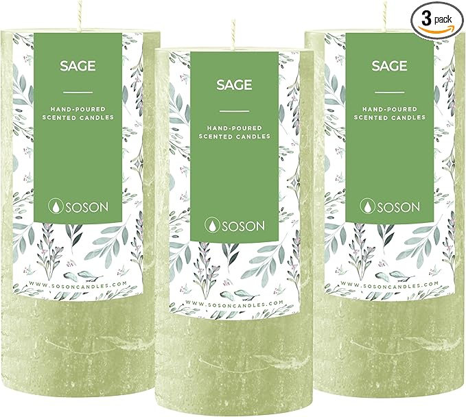 Simply Soson 3x6 inch Green Sage Rustic Pillar Scented Candle - 3 Pack - for Home Decor