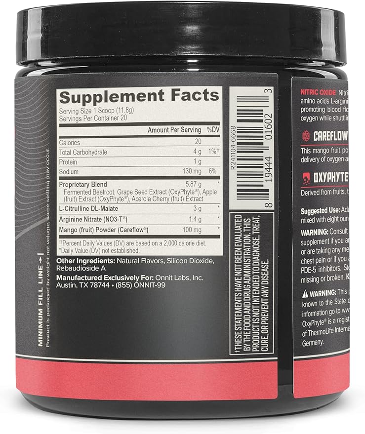 ONNIT Total Nitric Oxide Exercise Performance Powder, Harvest Fruit Punch Flavor, Caffeine-Free