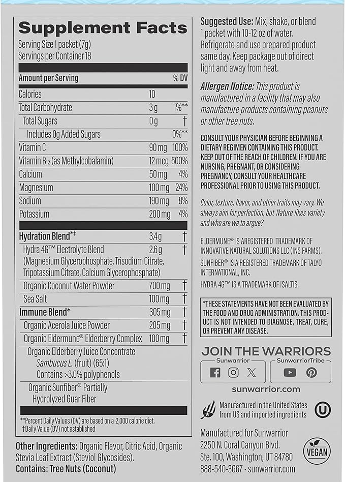 Electrolyte Powder Hydration Packets Powder B12 Elderberry | Coconut Berry Flavored 18 Stick Packs