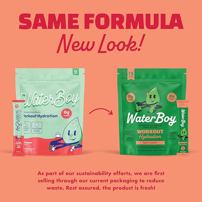 Waterboy Workout Hydration | 2,960mg Sugar Free Electrolyte Powder Packets | L-Glutamine + Vitamins