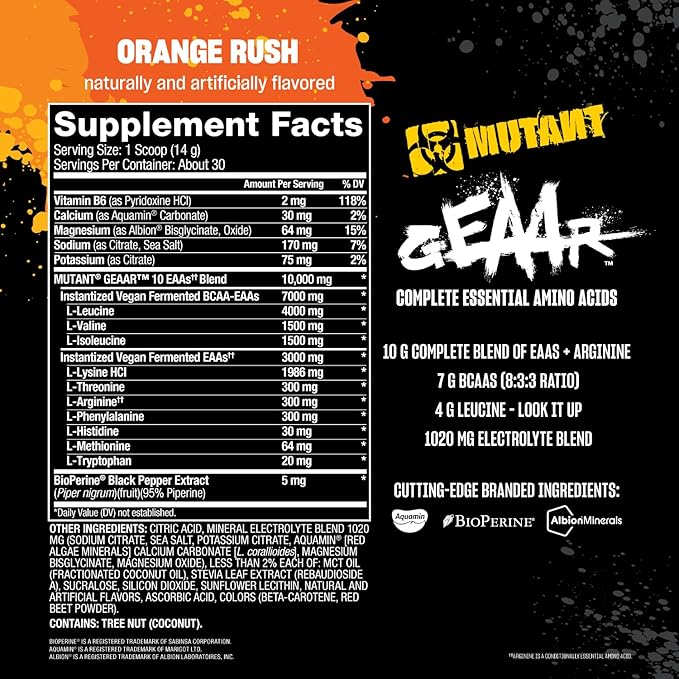 Mutant GEAAR - 9.4g of EAA Powder + Arginine, 7g BCAAs, 4g Leucine, Electrolytes, Coconut Water, 30