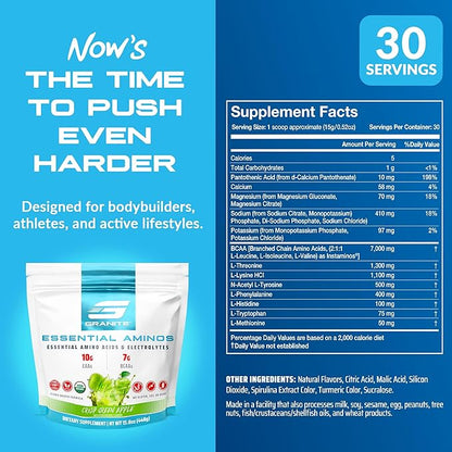 Granite Essential Amino Acids Powder, Green Apple Flavor, with 10g EAAs and 7g BCAAs, Supports