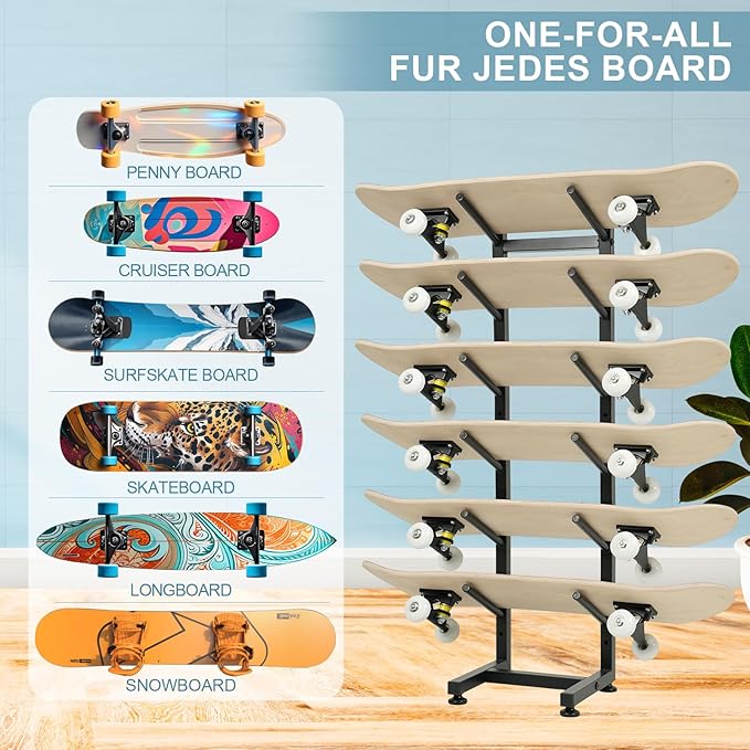 BiJun Skateboard Racks Floor Stand, 6-Layer Skateboard Wall Mount,Snowboard Storage Rack
