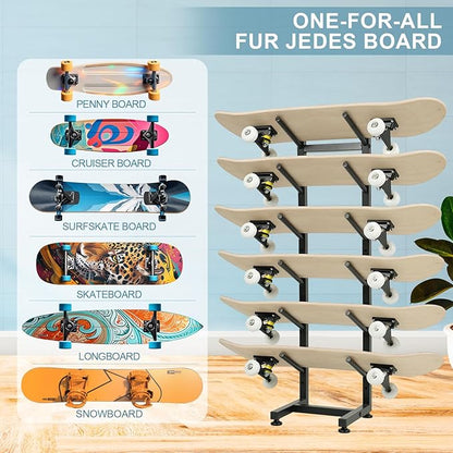BiJun Skateboard Racks Floor Stand, 6-Layer Skateboard Wall Mount,Snowboard Storage Rack