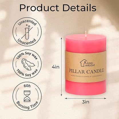 3x4 Inch Pink Pillar Candles Set of 3-Decorative Unscented Pillar Candle, Long Burning Dripless