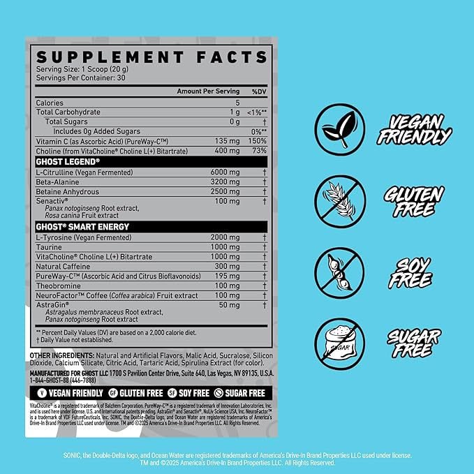 GHOST Legend Pre-Workout Powder, Sonic Ocean Water - 30 Servings ??Pre-Workout for Men & Women with