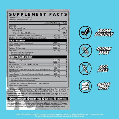 GHOST Legend Pre-Workout Powder, Sonic Ocean Water - 30 Servings ??Pre-Workout for Men & Women with