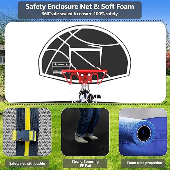 Upgraded Trampoline 8FT/10FT/12FT/14FT With Basketball Hoop, Light, Sprinkler, Stakes - Outdoor