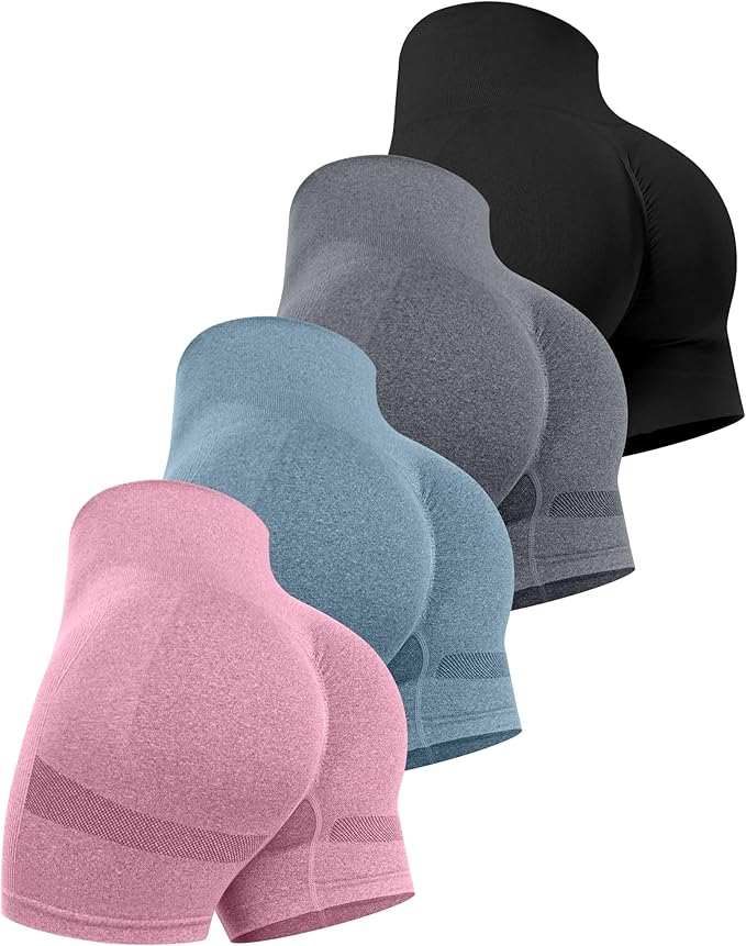 CHRLEISURE Women's 4 Packs Workout Gym Shorts, High Waisted Butt Lifting Scrunch Butt Seamless
