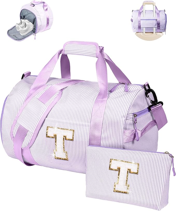 Trendy Stuff for Tween, Girl Gym Bag, Kids Initial Overnight Duffel Bags with Shoe Compartment