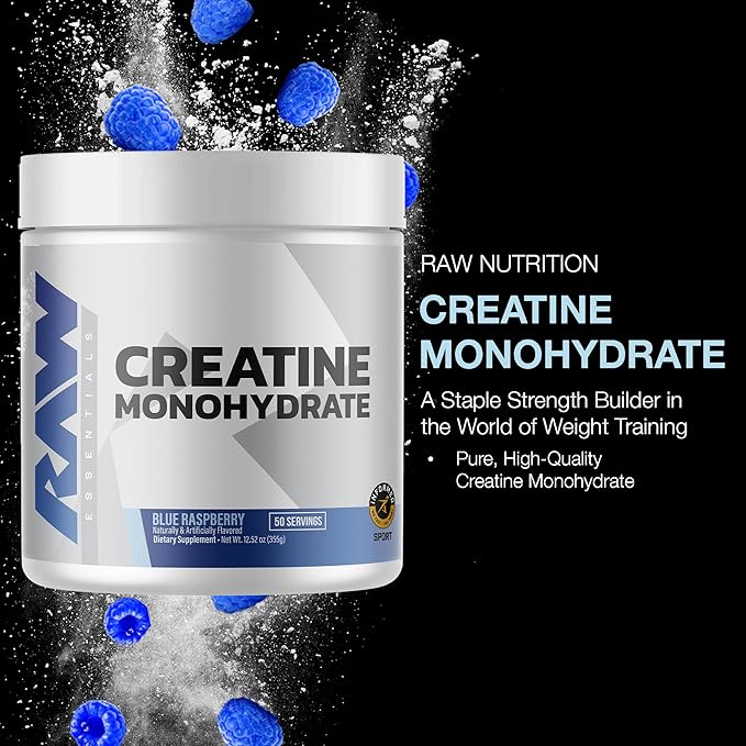 RAW Nutrition Creatine Monohydrate Powder, Blue Raspberry (30 Servings) - Micronized Creatine