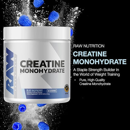 RAW Nutrition Creatine Monohydrate Powder, Blue Raspberry (30 Servings) - Micronized Creatine
