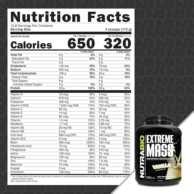 NutraBio Extreme Mass Gainer Protein Powder, 53G Protein, Clean Weight Gainer, Increase Muscle