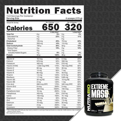 NutraBio Extreme Mass Gainer Protein Powder, 53G Protein, Clean Weight Gainer, Increase Muscle