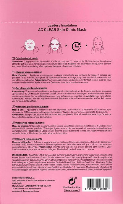 Leaders Insolution AC Clear Skin Clinic Mask | Snail Secretion & Tea Tree Oil for Acne, Redness