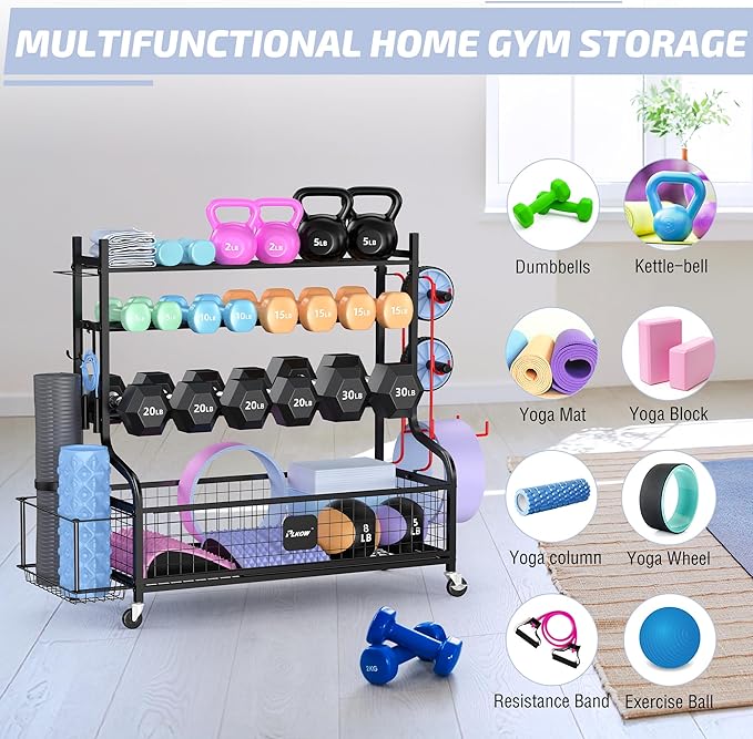 PLKOW Dumbbell Rack, Weight Rack for Dumbbells, Home Gym Storage for Dumbbells Kettlebells Yoga Mat