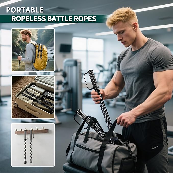 2PCS Ropeless Battle Rope – Portable Workout Ropes for Home Gym with Non-Slip Gloves, Low-Impact