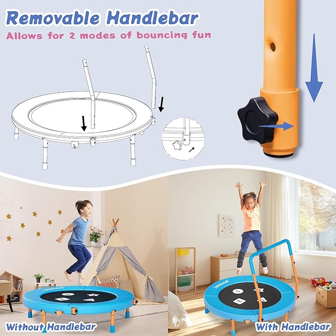 3FT Toddler Trampoline with Adjustable Handlebar, 36" Foldable & Spring-Free, Mini Kids Indoor