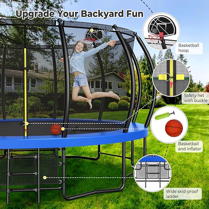 12 14 15 16FT Trampoline Outdoor with Basketball Hoop, Trampoline with Lights for Kids and Adults