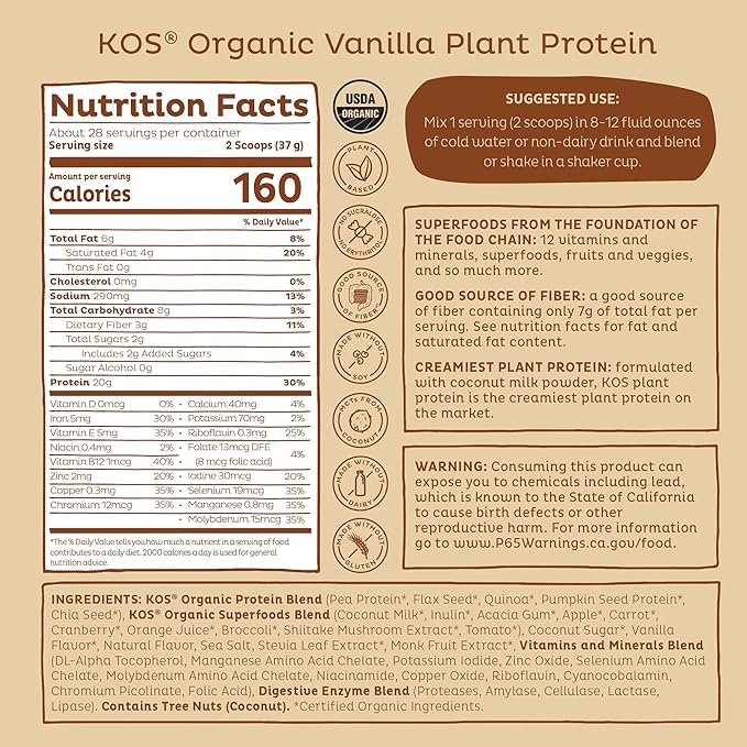 KOS Vegan Protein Powder Erythritol Free, Vanilla USDA Organic - Pea Protein Blend, Plant Based