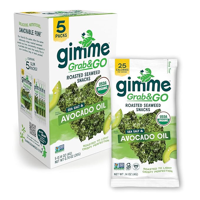 Gimme Seaweed Grab & Go Organic Premium Roasted Seaweed Snacks, Sea Salt & Avocado Oil, 5 Count