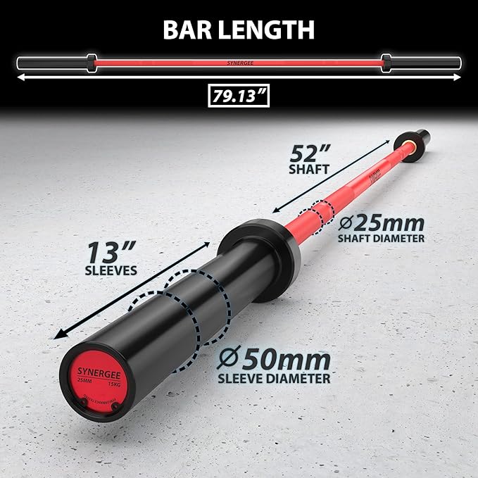 Synergee Games 15kg and 20kg Colored Ceramic Coated Barbells. Rated 1500lbs for Weightlifting and