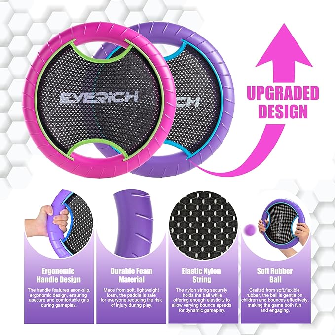 EVERICH TOY Trampoline Paddle Ball Set with 2 Bouncy Paddles & 4 Balls - Soft Foam Design for Kids