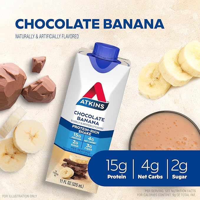 Atkins Chocolate Banana Protein Shake, 15g Protein, Low Glycemic, 4g Net Carb, 2g Sugar, Keto