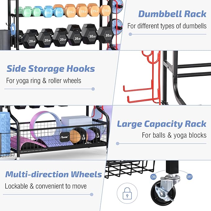 PLKOW Dumbbell Rack, Weight Rack for Dumbbells, Home Gym Storage for Dumbbells Kettlebells Yoga Mat