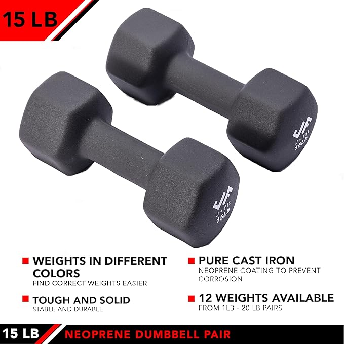 JFIT Dumbbell Pairs or Sets – Neoprene & Vinyl Coated Hand Weights for Home Gym, Strength Training