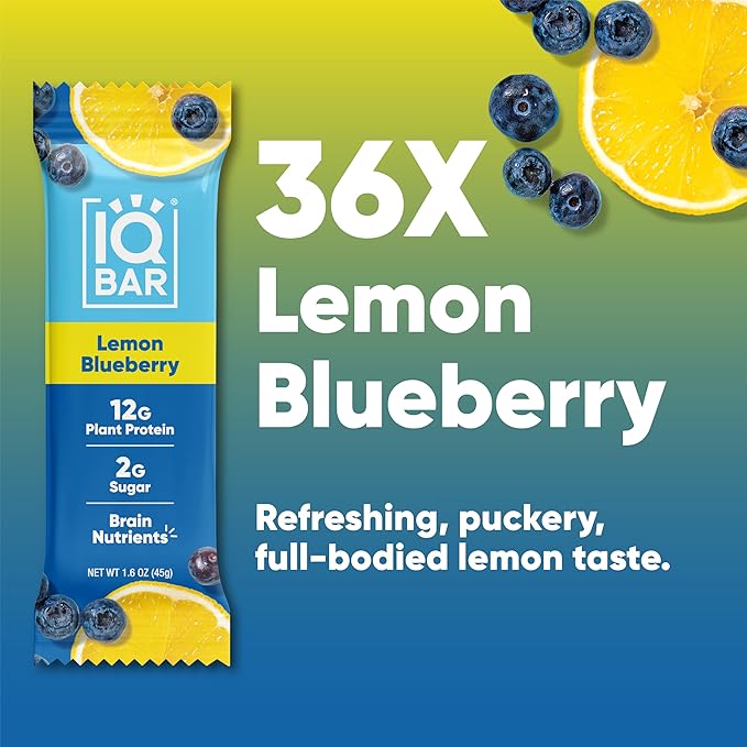 IQBAR Brain and Body Plant Protein Bars - Lemon Blueberry - 36-Count Low Carb - Gluten Free, High