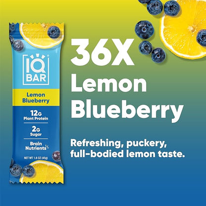 IQBAR Brain and Body Plant Protein Bars - Lemon Blueberry - 36-Count Low Carb - Gluten Free, High