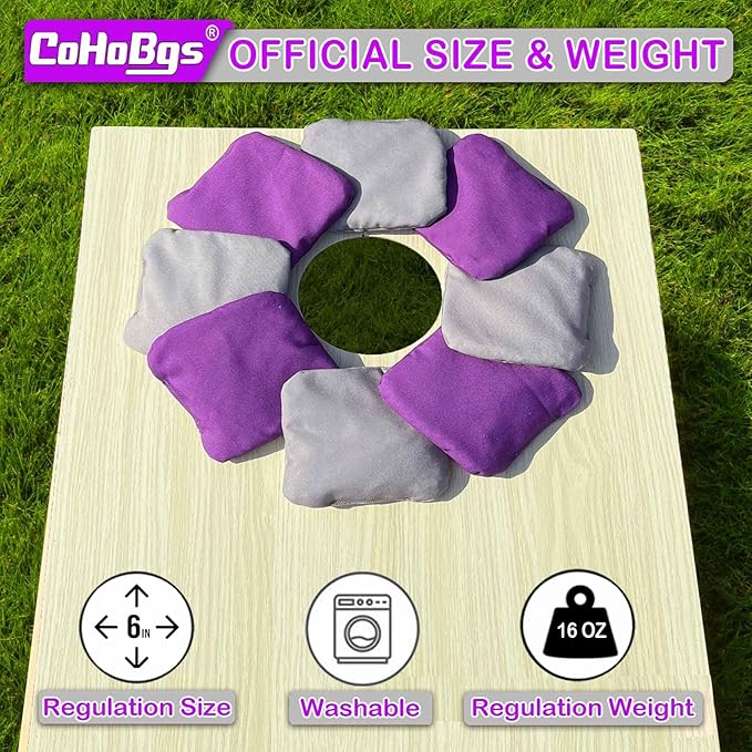 CoHoBgs Corn Hole Bags Set 8, Professional Cornhole Bags Dual-Sided Slick & Stick Resin Filled