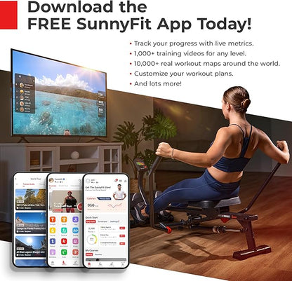 Sunny Health & Fitness Flip & Foldable Rowing Machine for Home w/Extended Slide Rail, Full-Body