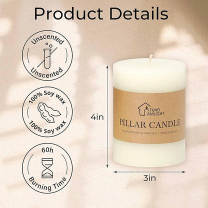 3x4 Inch White Pillar Candles Set of 3 - Decorative Unscented Pillar Candle, Long Burning Dripless
