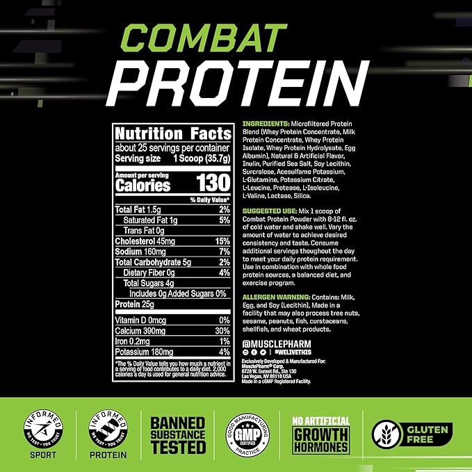 MusclePharm Combat Protein Powder, Vanilla Flavor, Fuels Muscles for Productive Workouts, 5 Protein