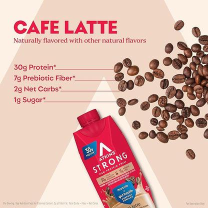 Atkins Strong High Protein Shake, Café Latte, 30g Protein, 7g Prebiotic Fiber, Muscle & Gut Health