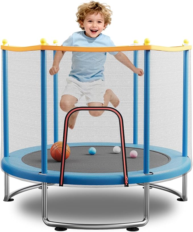 Kids Trampoline with Safety Net – 440lbs Capacity, Upgraded Rust-Proof Ring Legs, Adjustable