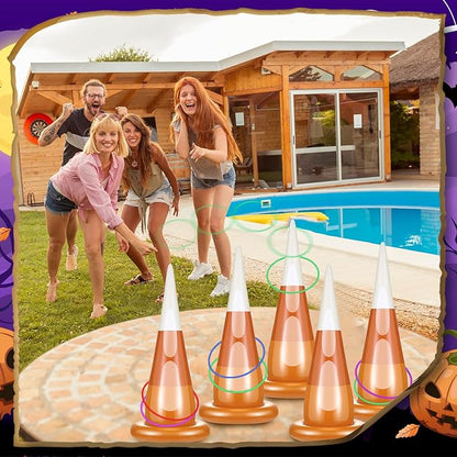 16 Pcs Halloween Inflatable Ring Toss Games Kit Candy Corn Ring Toss Game with Air Pump for