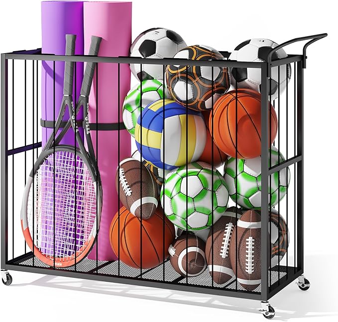 Ball Storage Bin Rolling Sports Ball Cart, Metal Garage Organizer Sport Rack, Ball Basket Storage