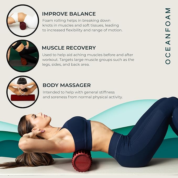 Oceanfoam Tidal Roller - Maroon - Muscle Massage Foam Roller for Back Pain & Stretching - Firm and