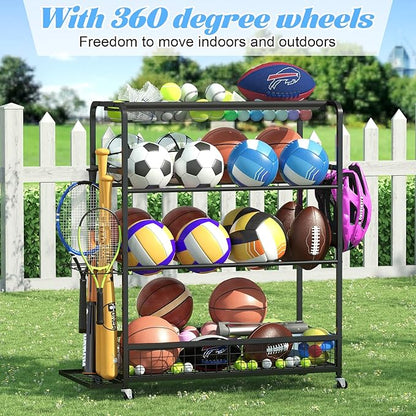 Garage Sports Equipment Storage Rack,Wheeled Sports Ball Storage Box,Double-Tier Double-Row