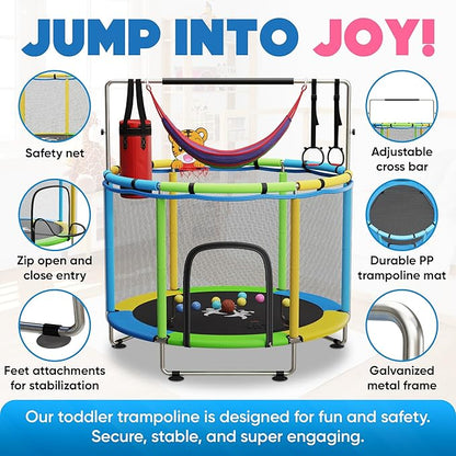 Toddler Trampoline for Kids Ages 3-8 - 5 ft Toddler Trampoline with Net, Basketball Hoop, Ocean