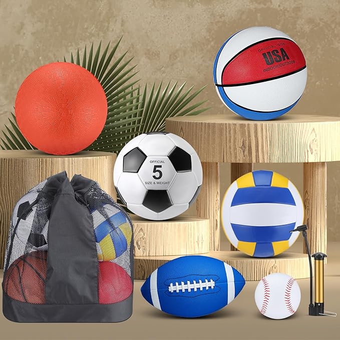 Leyndo 18 Pcs Sport Balls Bulk Set Basketball Football Volleyball Soccer Playground Baseball with