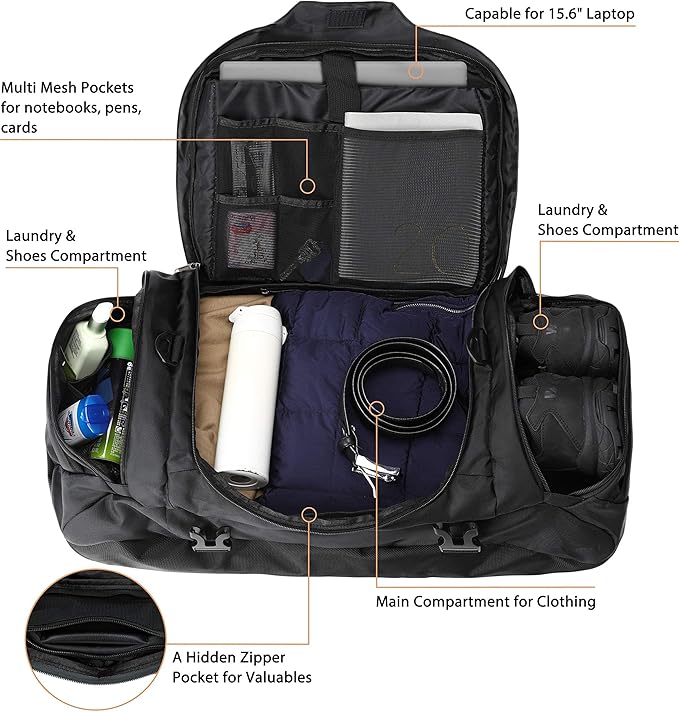 Ubon Large Duffel Bag Weekender Bags with Shoe Compartments 4-Way Sports Gym Backpack with Padded