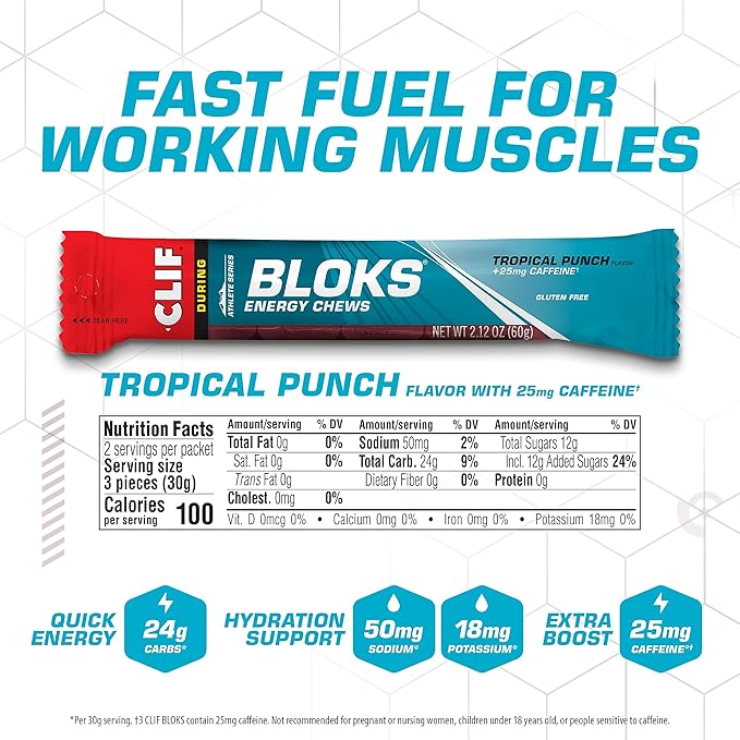 CLIF BLOKS - Tropical Punch Flavor with Caffeine - Energy Chews - Non-GMO - Plant Based - Fast Fuel