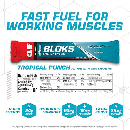 CLIF BLOKS - Tropical Punch Flavor with Caffeine - Energy Chews - Non-GMO - Plant Based - Fast Fuel