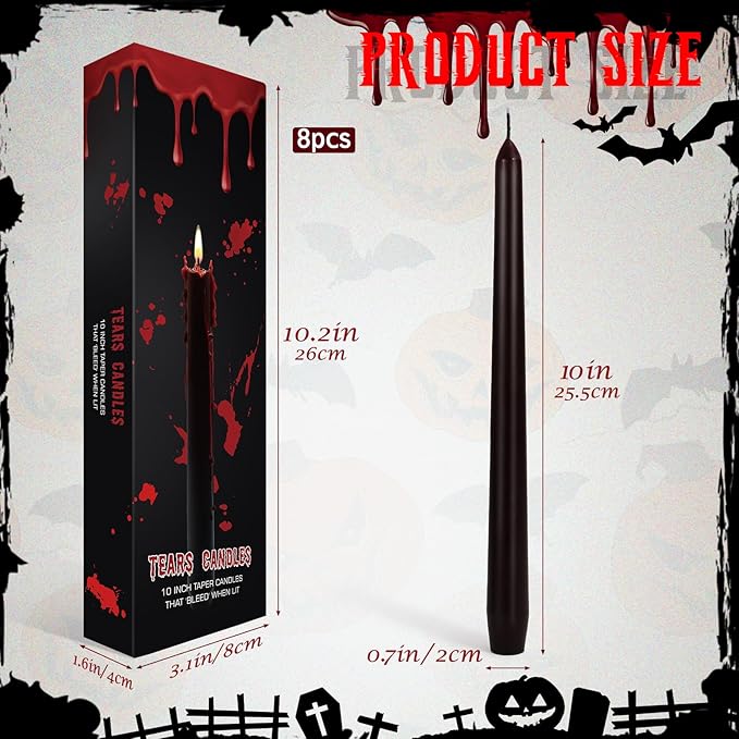 Set of 8 Halloween Bleeding Taper Candles 10 inch Black Taper Candles,Tears Taper Candle for Gothic